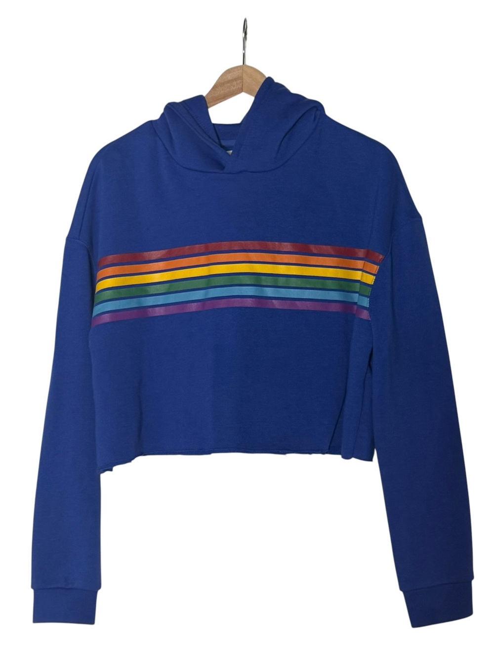 Bluenotes Rainbow Striped Cropped Hoodie Size L Boxy Raw Hem Athleisure Casual